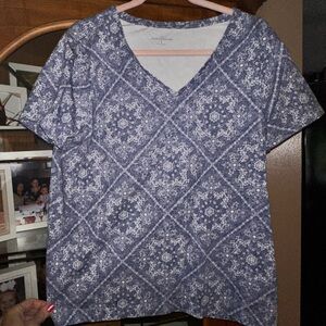 Large Blue Patterned V-Neck Top. MUST BE BUNDLED
